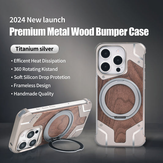 Walnut Wood Case with Metal Frame and Magnetic Stand for iPhone 16 Pro Max, Borderless Warrior Shell for iPhone 15